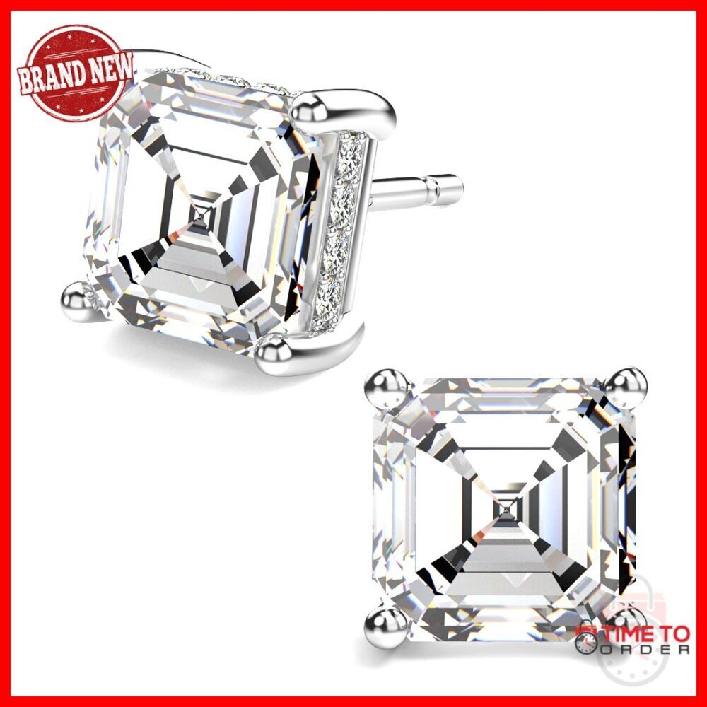 Asscher Cut Cubic Zirconia Stud Earrings 18K White Gold Plated Sterling Silver